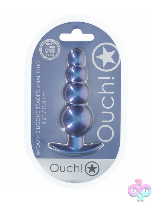 Discreet-Toys-Ouch-Beaded-Anal-Plug-Silicone-Metallic-Blue-Nu-St-Ou1020Mbl Beaded Silicone Anal Plug In Metallic Blue With Graduated Ball Segments By Shots Toys