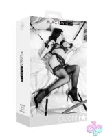 Black and white bed bindings restraint kit with velvet cuffs, satin mask, and feather tickler by Shots Toys