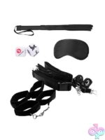 Ouch! Bondage Belt Restraint System with Flogger, Mask & Dice – Black - Image 2