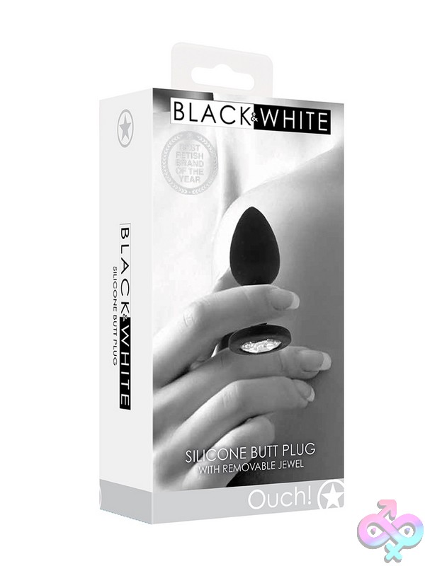 Discreet-Toys-Ouch-Black-White-Silicone-Butt-Plug-With-Removable-Jewel-Nu-St-Ou692Blk Black Silicone Butt Plug With Removable Rhinestone Jewel And Flared Base By Shots Toys