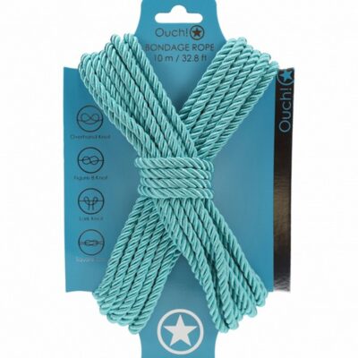 10-meter nylon bondage rope coiled on dark surface available in multiple colors