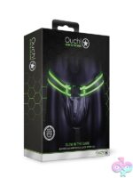 Ouch buckle jockstrap with fluorescent green glow-in-the-dark detailing on black background