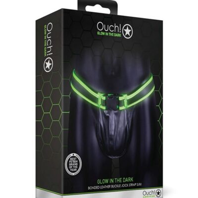 Ouch buckle jockstrap with fluorescent green glow-in-the-dark detailing on black background