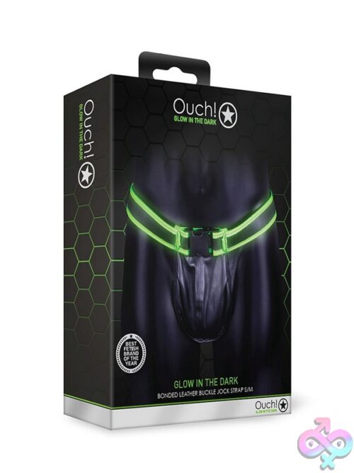 Ouch Buckle Jockstrap With Fluorescent Green Glow-In-The-Dark Detailing On Black Background