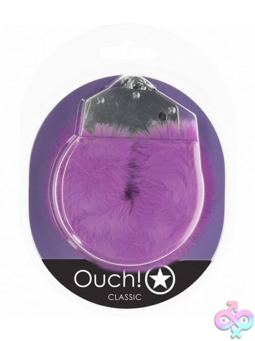 Ouch Classic Fluffy Handcuffs In Five Colors Laid Flat On A Dark Surface