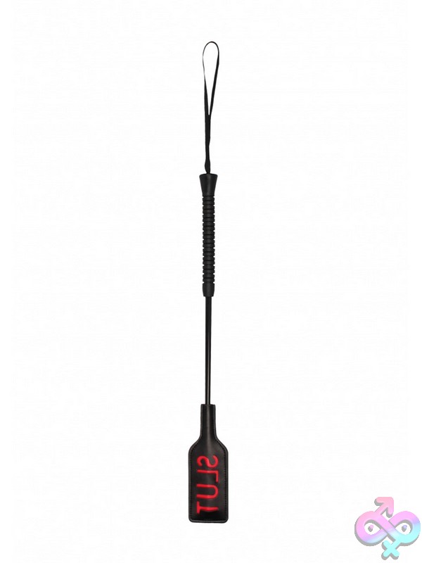 Discreet-Toys-Ouch-Crop-Slut-Large-Black-Nu-St-Ou409Blk Short-Handled Black Leather Stamping Crop With Reversed Raised Lettering By Shots Toys