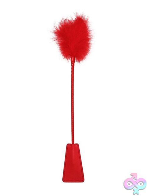 Ouch! Leather Feather Crop In Black And Red On A Dark Background