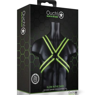 Black cross body harness with fluorescent green glow-in-the-dark detailing displayed against a dark background