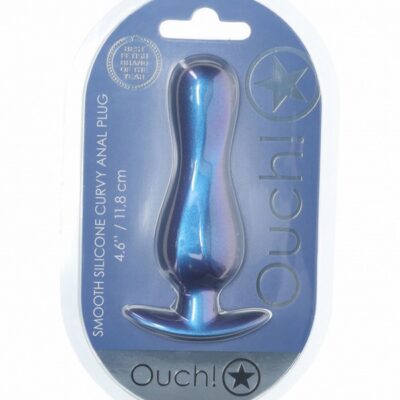 Ouch! curvy silicone anal plug in metallic finish shown in blue and purple colorways