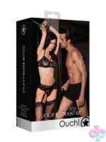 Black door restraint set with velvet cuffs, adjustable tethers, and satin eye mask by Shots Toys