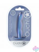 Ouch! finger anal plug in metallic silicone shown in blue and purple colors