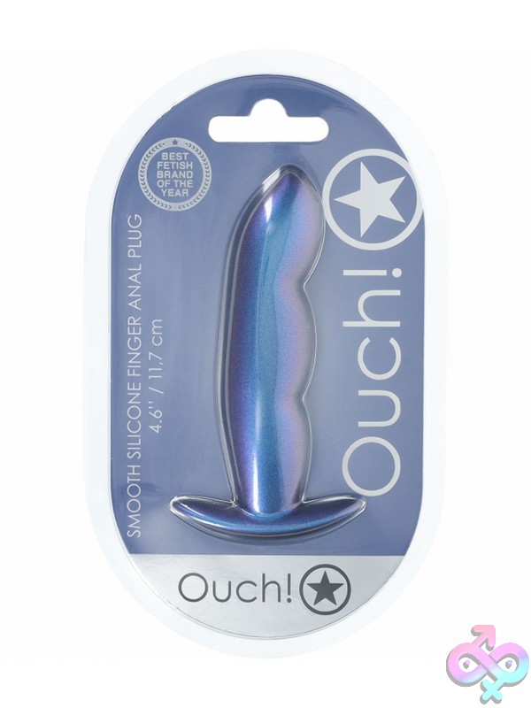 Discreet-Toys-Ouch-Finger-Anal-Plug-Silicone-Metallic-Blue-Nu-St-Ou1023Mbl Ouch! Finger Anal Plug In Metallic Silicone Shown In Blue And Purple Colors