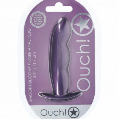 Ouch! finger anal plug in metallic silicone shown in blue and purple colors