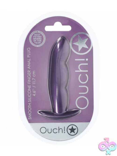 Ouch! Finger Anal Plug In Metallic Silicone Shown In Blue And Purple Colors