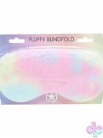 Ouch fluffy blindfold mask in pink purple and blue on soft neutral background