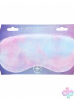 Ouch fluffy blindfold mask in pink purple and blue on soft neutral background