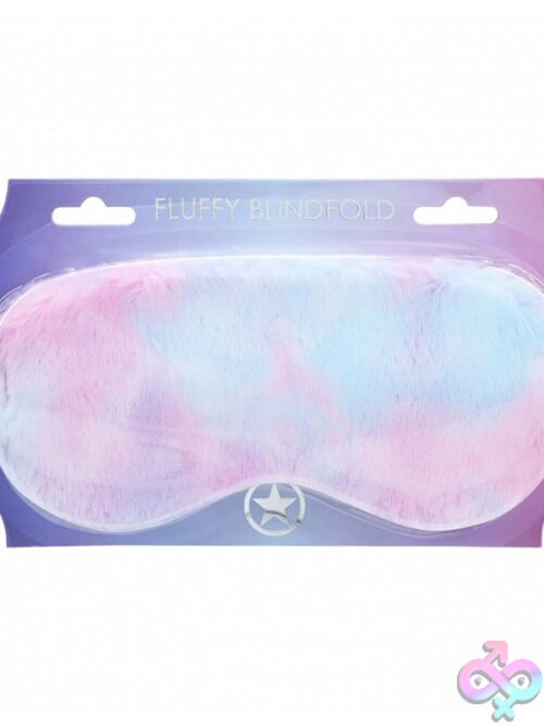 Ouch Fluffy Blindfold Mask In Pink Purple And Blue On Soft Neutral Background
