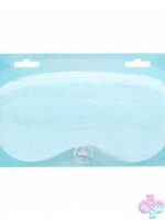 Ouch fluffy blindfold mask in pink purple and blue on soft neutral background