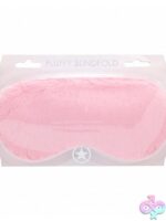 Ouch fluffy blindfold mask in pink purple and blue on soft neutral background