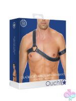 Ouch! Gladiator asymmetrical Y-shaped bonded leather body harness with chest O-ring in black