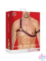 Ouch! Gladiator asymmetrical Y-shaped bonded leather body harness with chest O-ring in black