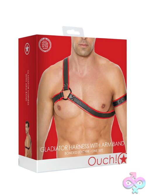 Ouch! Gladiator Asymmetrical Y-Shaped Bonded Leather Body Harness With Chest O-Ring In Black