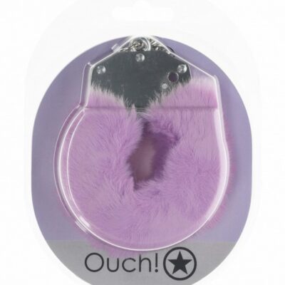 Heavy-duty lavender fluffy handcuffs with quick-release lock by Shots Toys