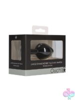Large black silicone diamond butt plug with 3-crystal base handle by Shots Toys