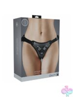 Adjustable gun metal strap-on harness with metallic finish and silicone accents by Shots Toys