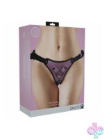Adjustable metallic purple strap-on harness with three ring sizes by Shots Toys