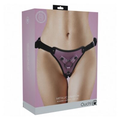 Adjustable metallic purple strap-on harness with three ring sizes by Shots Toys