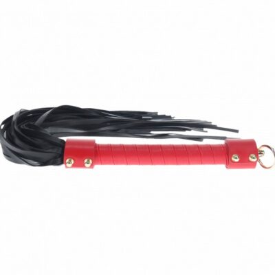 Black and red bonded leather flogger with iridescent metal hardware by Shots Toys