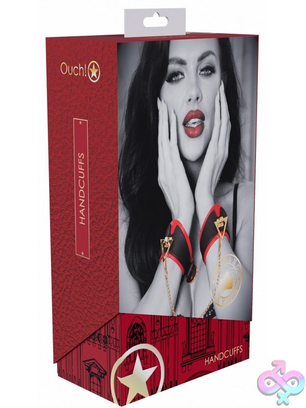 Discreet-Toys-Ouch-Milan-Collection-Handcuffs-Black-Red-Nu-St-Ou963Blkrd Adjustable Black And Red Bonded Leather Handcuffs With Iridescent Metal Hardware By Shots Toys