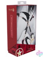 Black PU leather 4-way hogtie connectors with iridescent metal hardware by Shots Toys