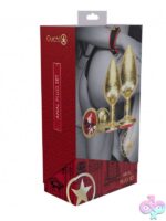 Three-piece gold finish aluminum anal plug set with rhinestone bases by Shots Toys