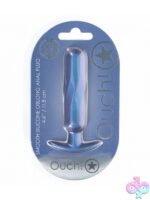 Ouch oblong metallic silicone anal plug in blue and purple on a neutral background