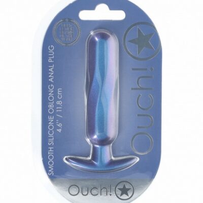 Ouch oblong metallic silicone anal plug in blue and purple on a neutral background