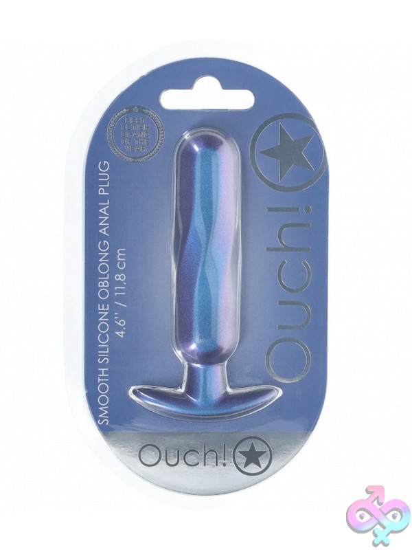 Discreet-Toys-Ouch-Oblong-Anal-Plug-Silicone-Metallic-Blue-Nu-St-Ou1022Mbl Ouch Oblong Metallic Silicone Anal Plug In Blue And Purple On A Neutral Background