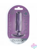 Ouch oblong metallic silicone anal plug in blue and purple on a neutral background