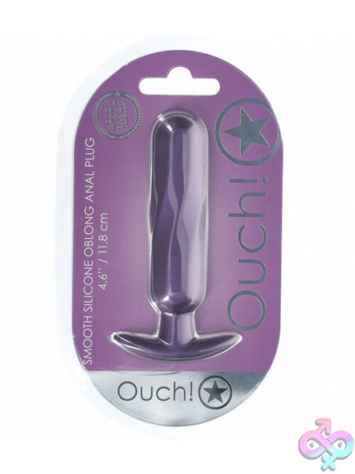 Ouch Oblong Metallic Silicone Anal Plug In Blue And Purple On A Neutral Background