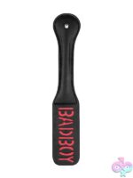 Firm flexible black stitched leather Bad Boy spanking paddle by Shots Toys