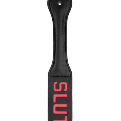 Firm flexible stitched black leather imprint paddle by Shots Toys