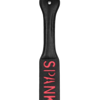 Firm flexible black stitched leather spanking paddle with reversed SPANK embossing by Shots Toys