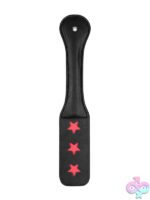 Star-imprint firm flexible black leather paddle by Shots Toys