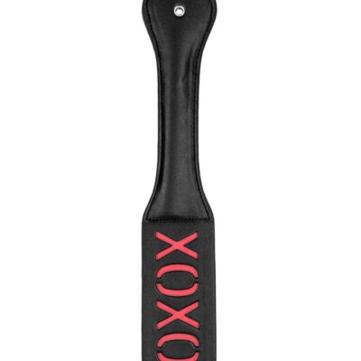 Firm flexible black leather XOXO stamping paddle by Shots Toys