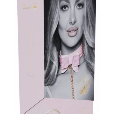 Pink bonded leather collar with iridescent metal leash from the Paris Collection by Shots Toys