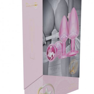 Three-piece iridescent metal anal plug set with rhinestone bases from the Ouch! Paris Collection