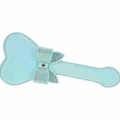 Ouch! Paris Collection bonded leather BDSM paddle with iridescent metal hardware in blue and pink