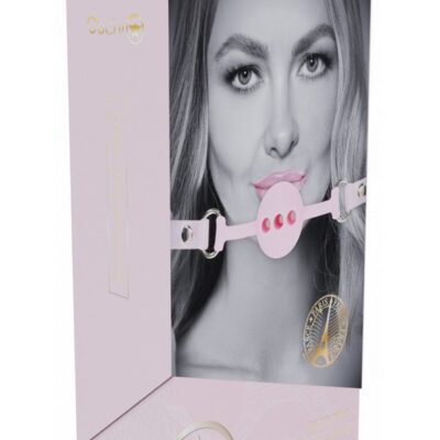 Pink silicone ball gag with iridescent metal hardware and adjustable bonded leather straps by Shots Toys