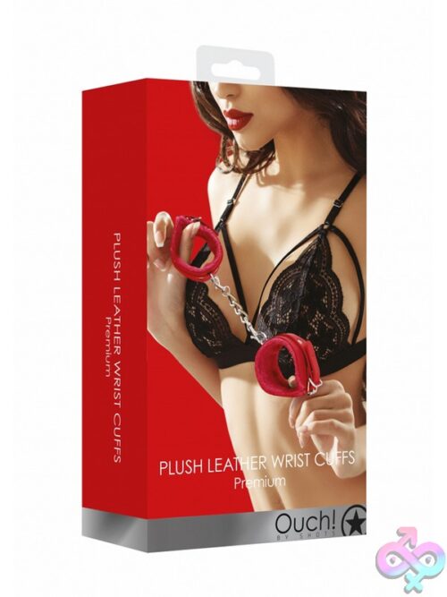 Ouch Plush Leather Hand Cuffs With Furry Lining And D-Ring In Four Color Options